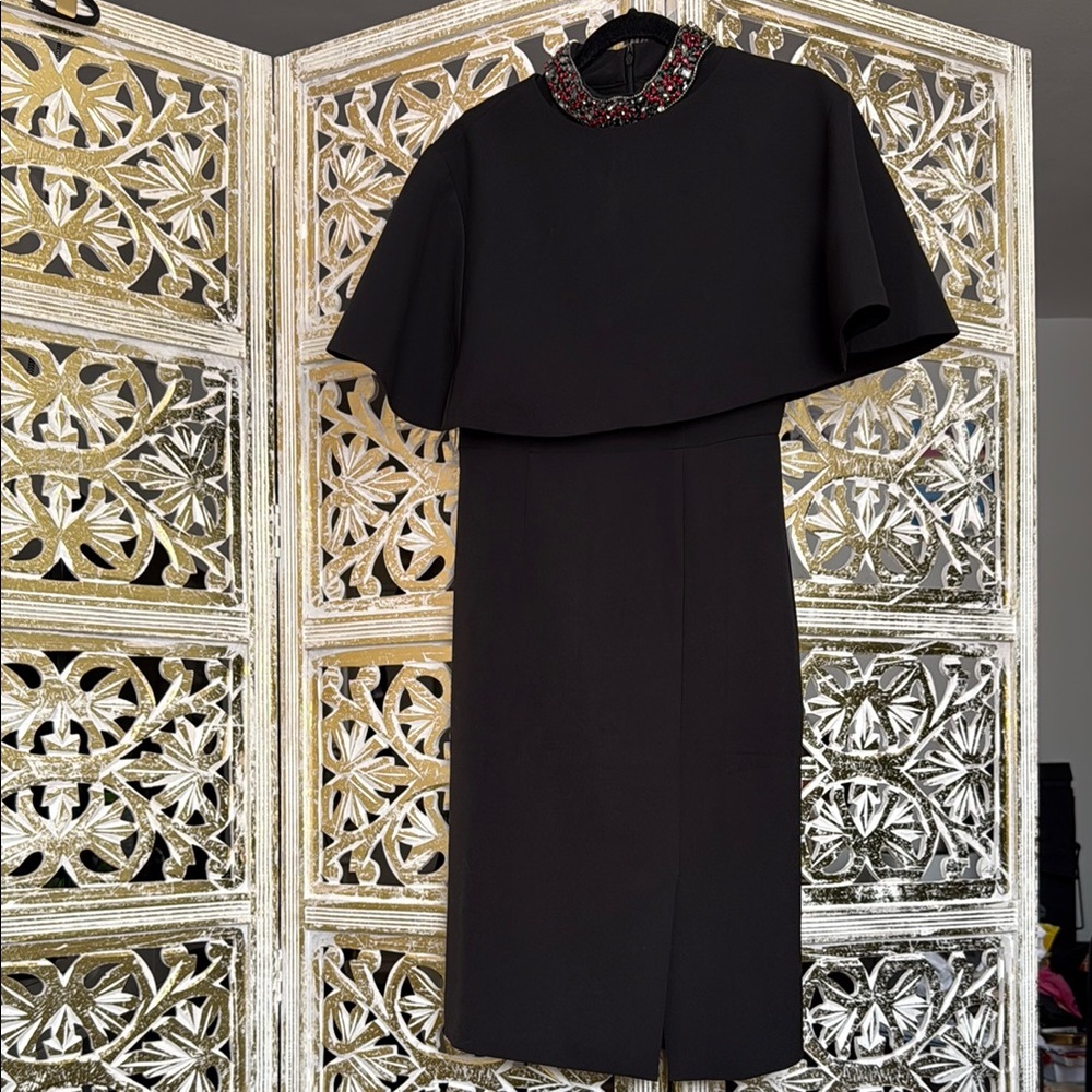 Elegant Black Cape Dress with Embellished Collar 2 pieces